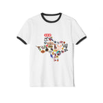 Texas Icons Ringer T‑Shirt — State Shape Collage (H-E-B, BBQ, Armadillo)