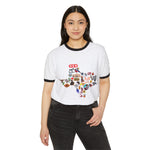 Texas Icons Ringer T‑Shirt — State Shape Collage (H-E-B, BBQ, Armadillo)