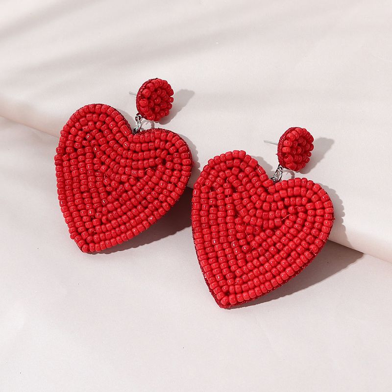 Rice Beads Peach Heart Earrings, Red