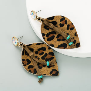 Leather Brown Leopard Print Bronzing Diamond Earrings